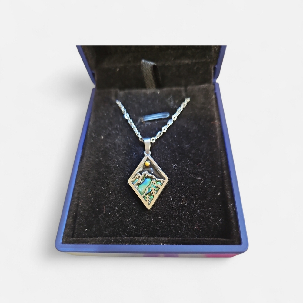 Stainless steel Diamond Shape Mustard seed necklace with abalone mountain range